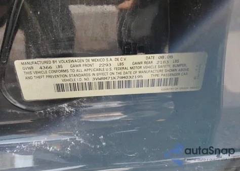 2009 Volkswagen Jetta Se/Sel из США, поврежденный, VIN 3VWRM71K79M032195